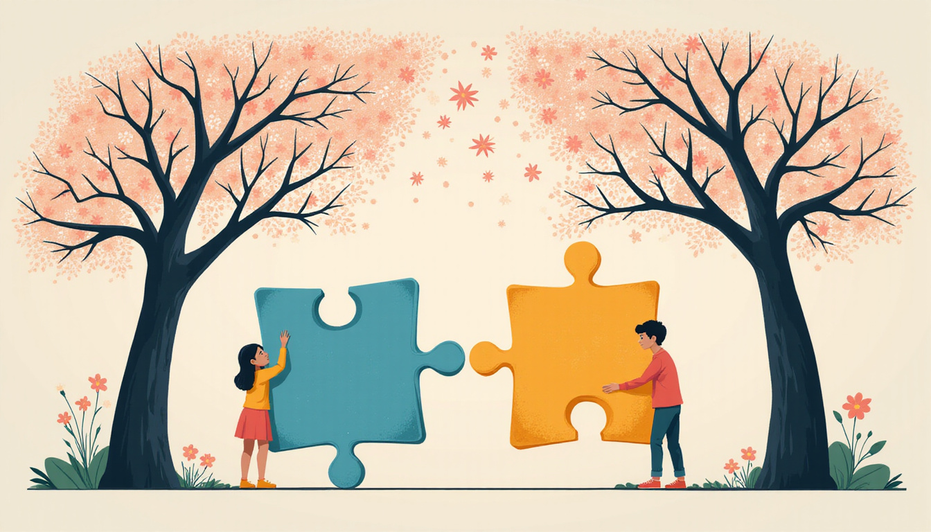  Illustration of two siblings fitting colorful puzzle pieces together, blossoming tree background, hopeful pastel palette