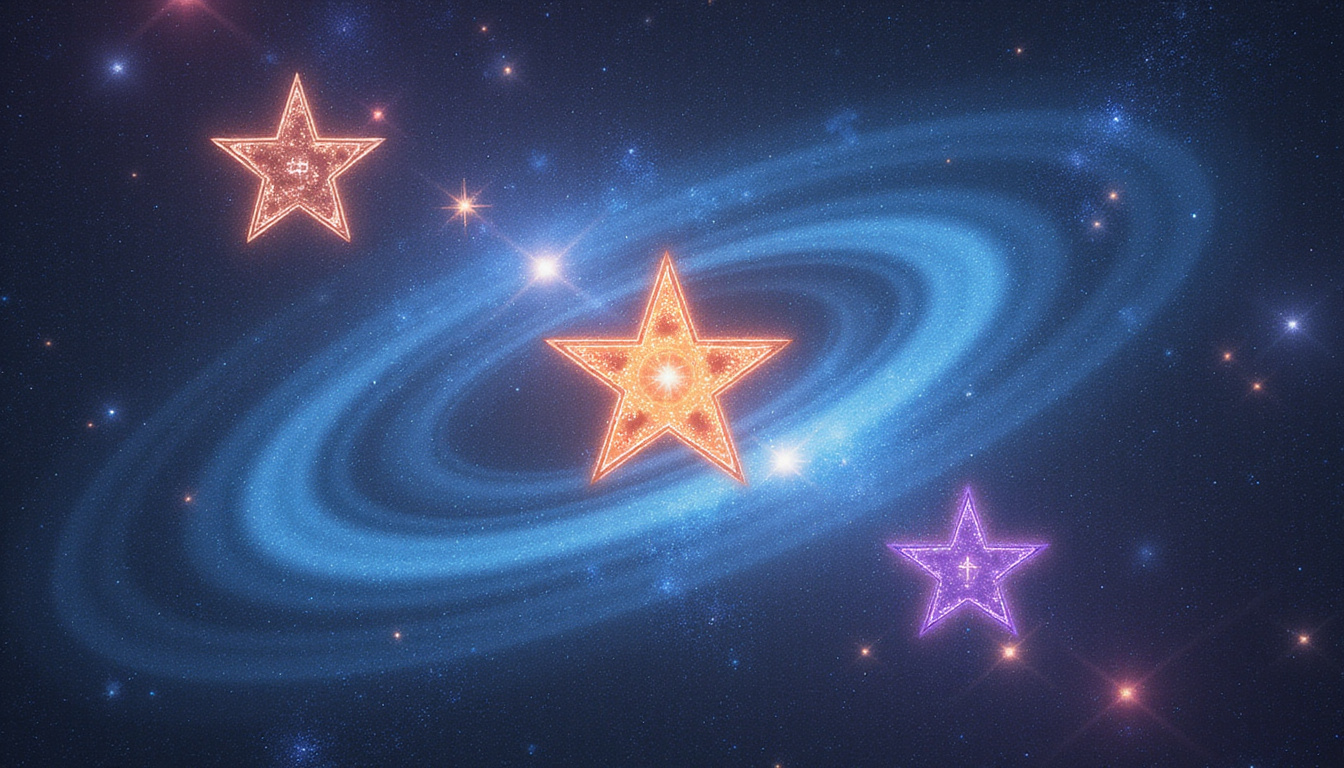 Personified star signs as archetypal characters, swirling nebula backdrop, celestial symbols and constellations