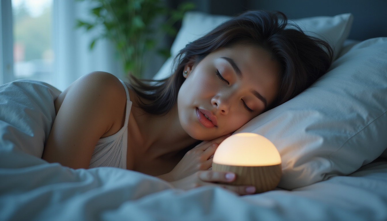  Woman sleeping peacefully, eucalyptus diffuser releasing mist, moonlit bedroom, soft pillows, serene expression