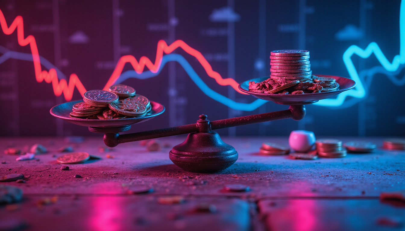 Neon data streams mapping conversion paths, coins labeled first and last balancing on vintage scale