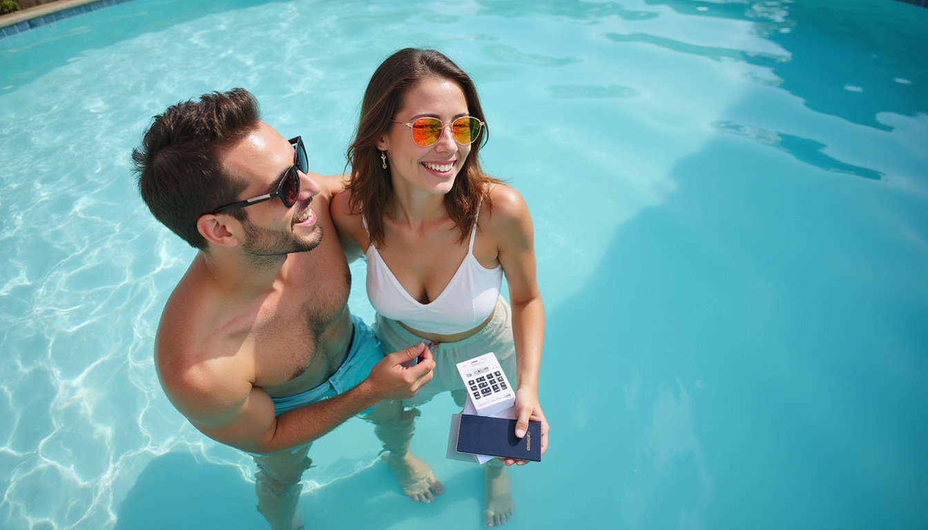  Luxury getaway bargain concept: swim-up suite price tags, calculator, passport, smiling couple poolside