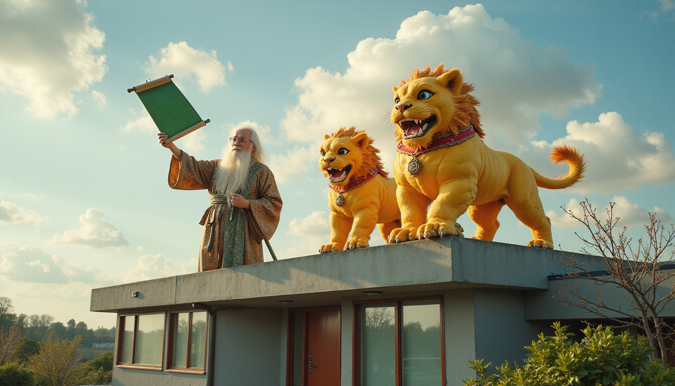 Elder opening a jade scroll, summoning golden lion spirits over a modern home