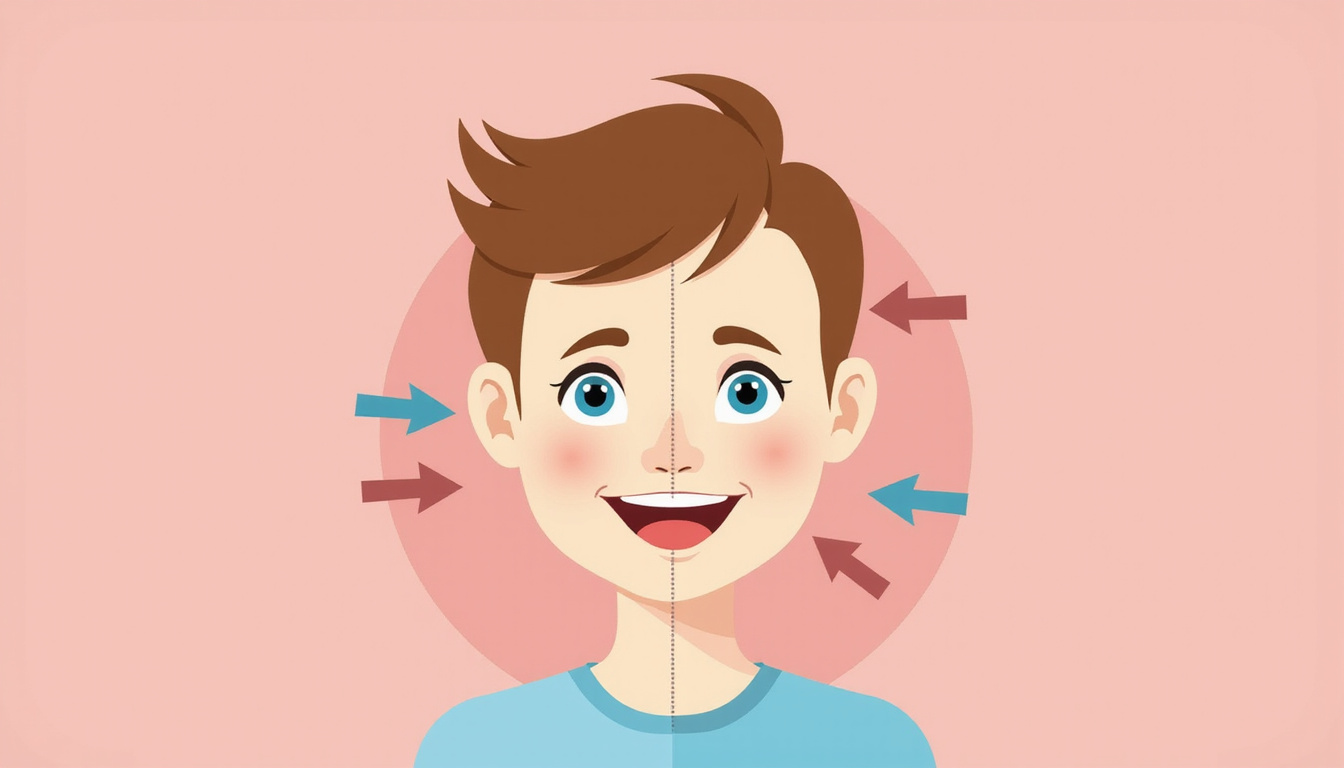  Educational split-face illustration with arrows to eyes, mouth and smile; pastel palette, modern flat design
