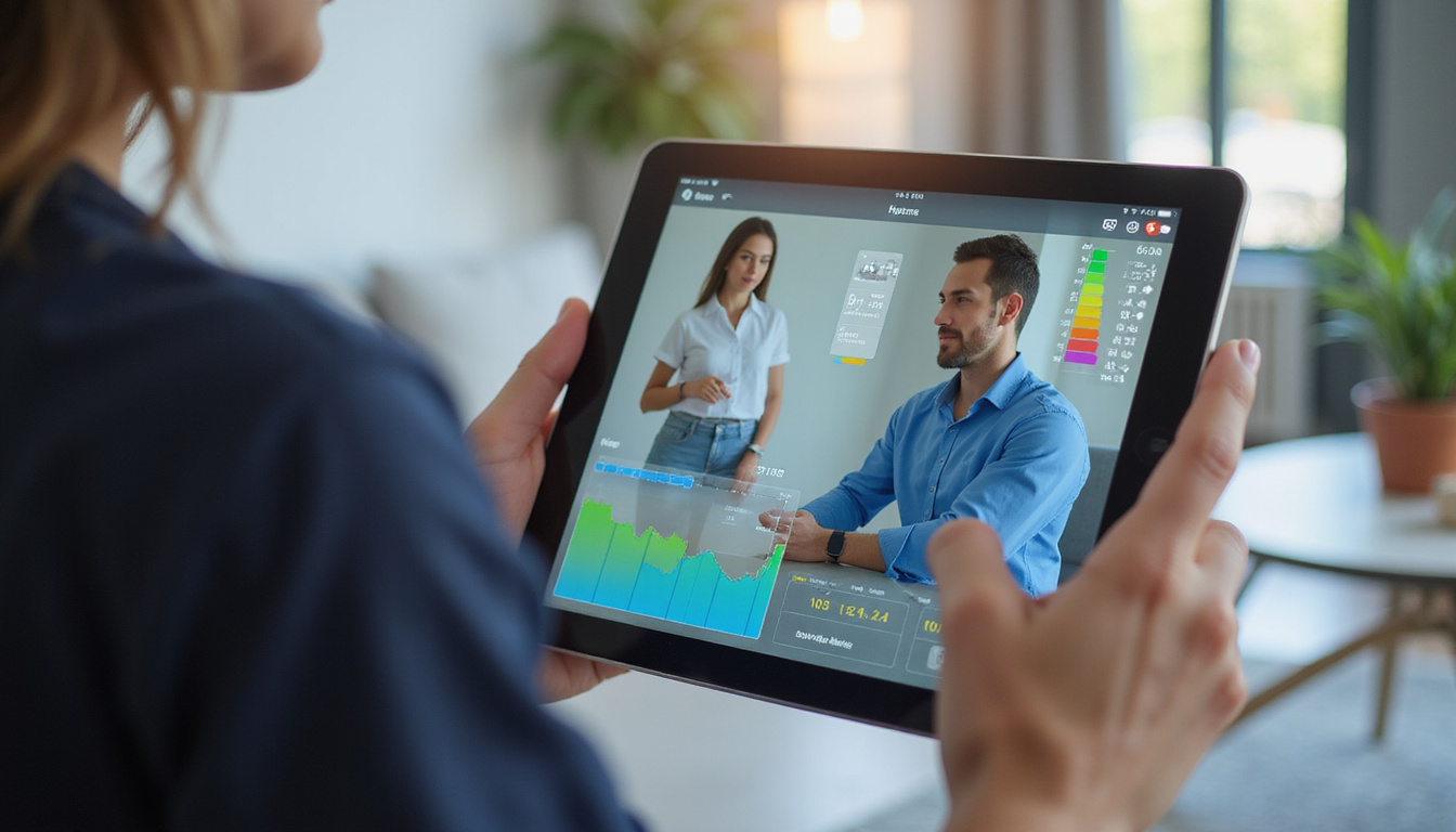  Tablet telehealth session with physiotherapist, wearable sensors tracking movement, digital metrics overlay, modern apartment