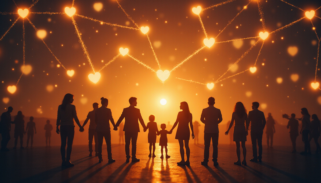 Diverse people connected by glowing constellation lines hearts and handshake symbols warm golden tones
