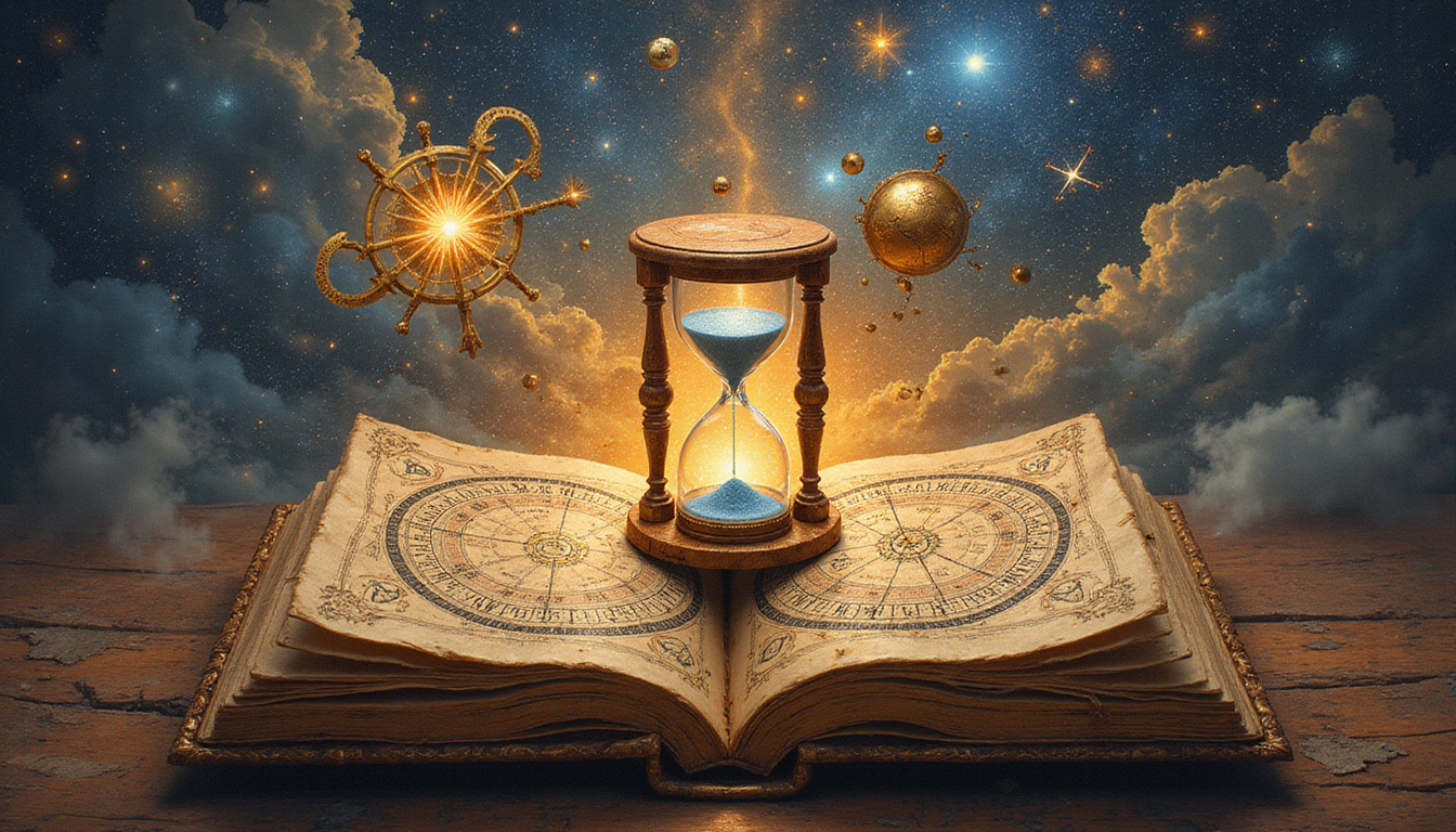 Ancient astrological manuscript with hourglass, celestial gears, luminous charts mapping destiny patterns, surreal oil painting