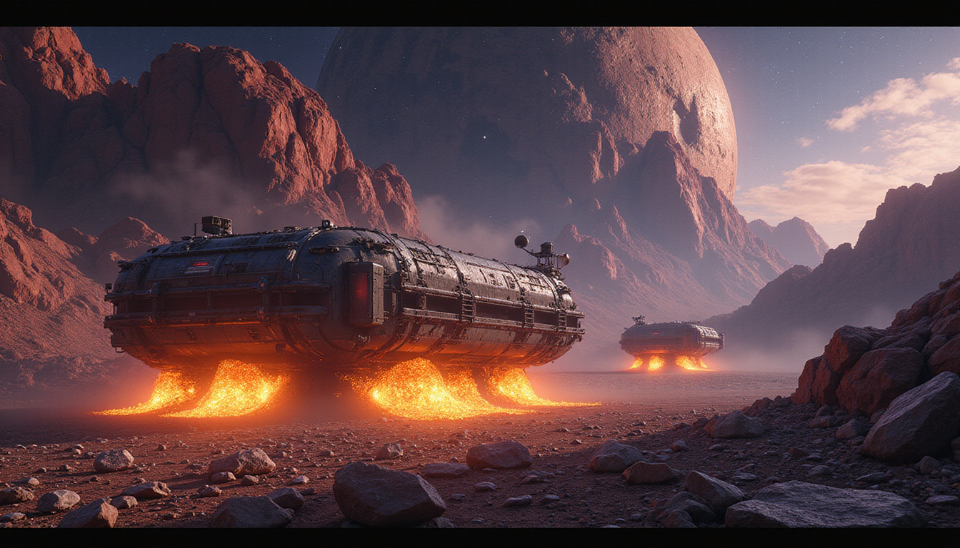 Asteroid mining fleet harvesting glowing ore at gravitational saddle, starfield, futuristic cargo stations