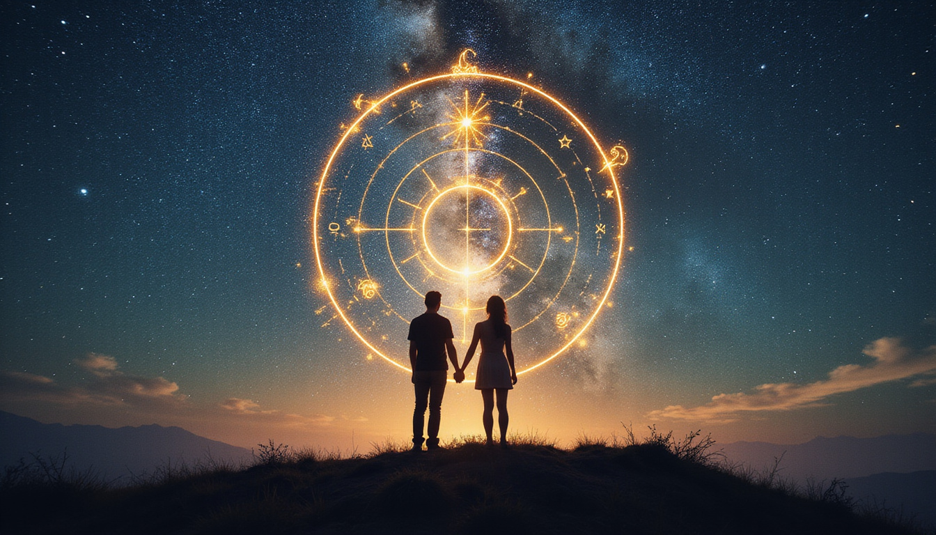 Couple silhouettes under star-map, complementary astrological symbols orbiting, golden cosmic balance