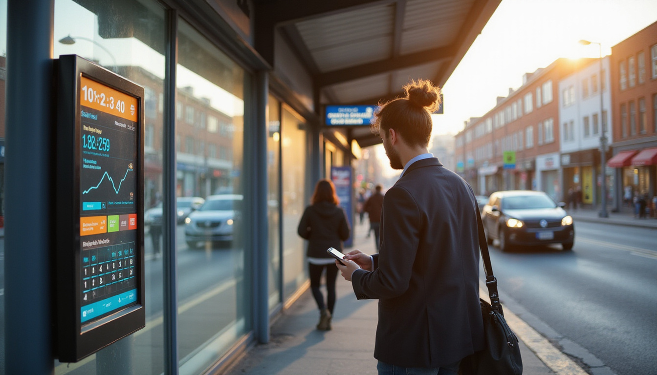 Commuter tapping optimized transit schedule, real-time countdown, efficient flow, sunlit urban bus stop