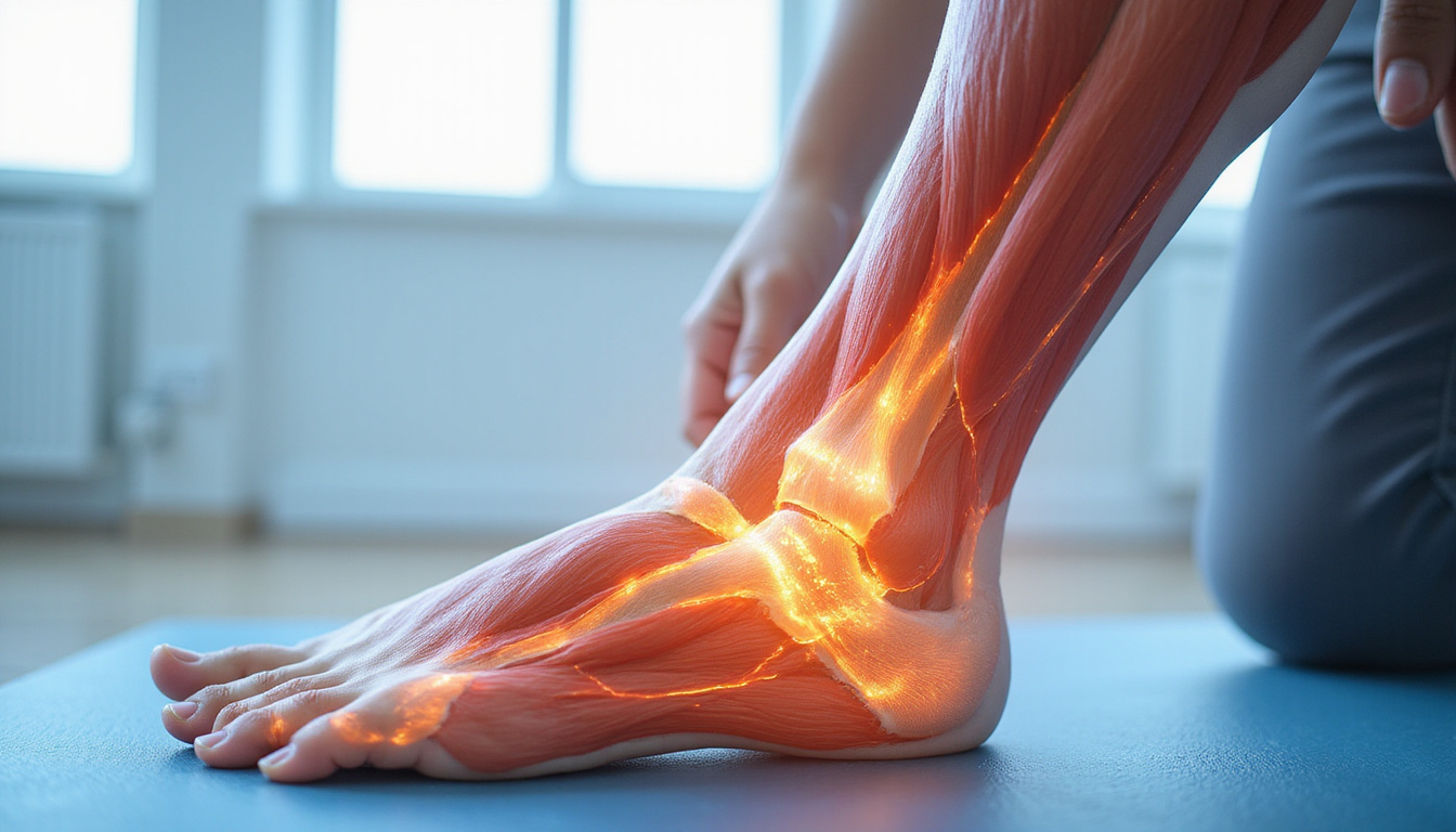  Anatomical overlay on ankle showing muscles and tendons during mobility exercise, high-detail, clinical background
