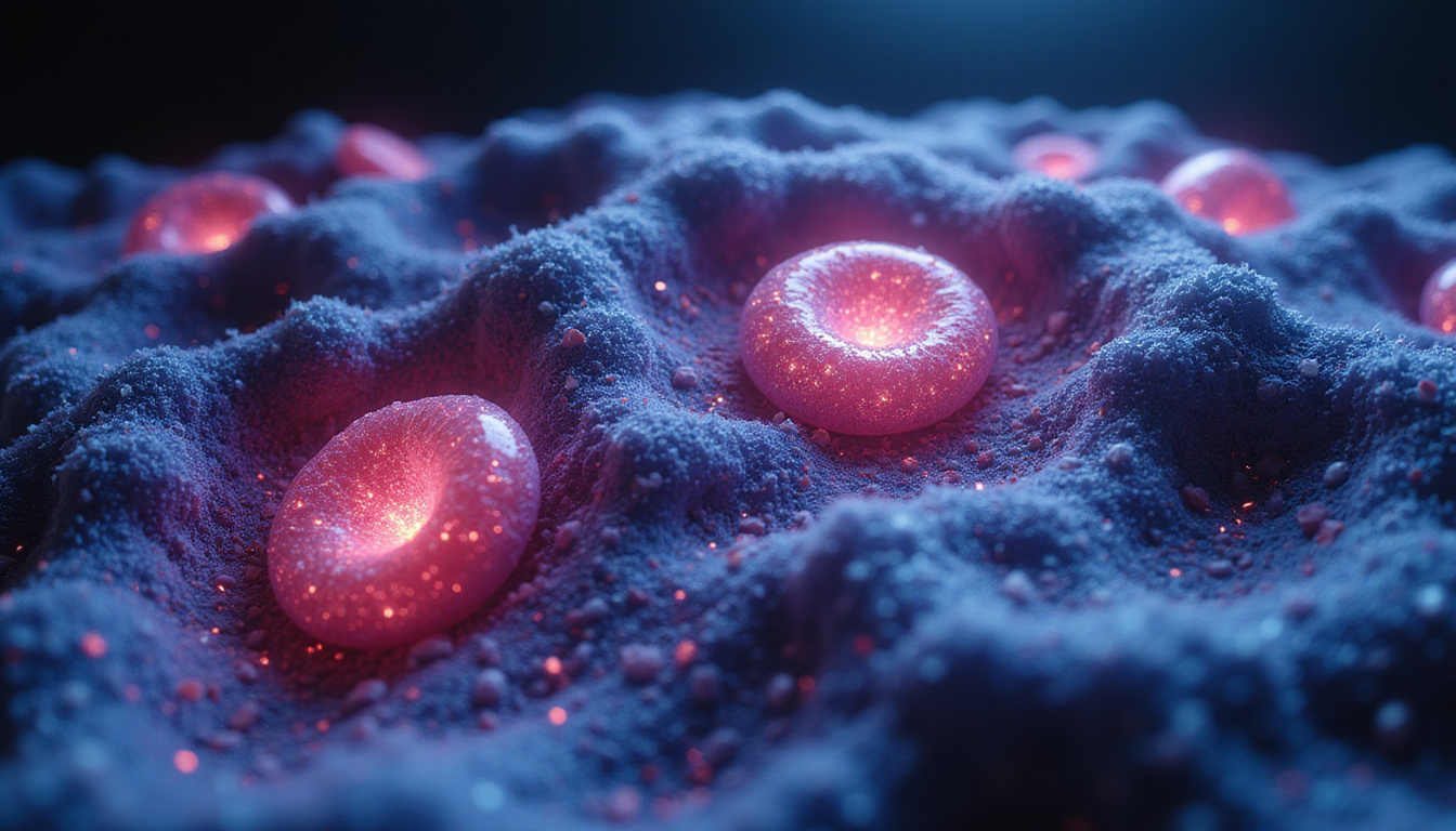  Tumor cells invading remodeled ECM, stiff fibrous tracks, glowing proteoglycans, dramatic contrast, cinematic lighting