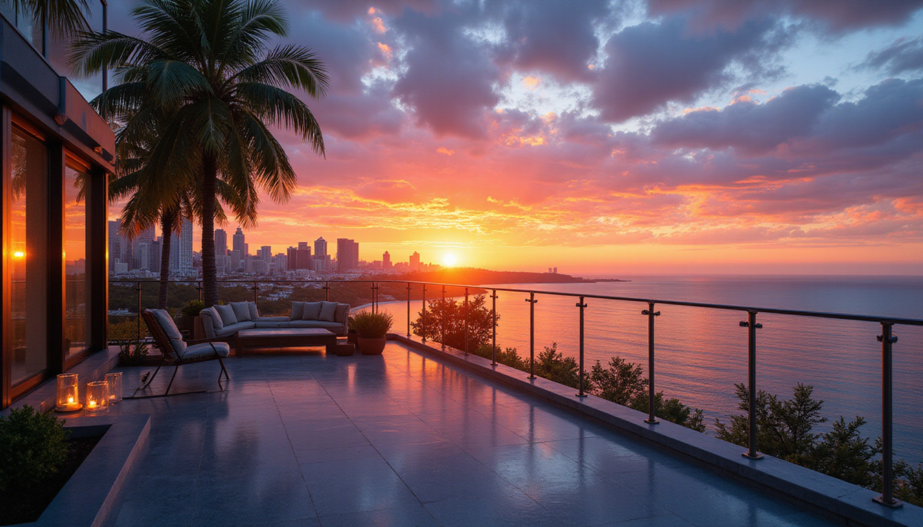  Glass-railed terrace with palm silhouettes, warm lights, city skyline, fiery horizon over sea