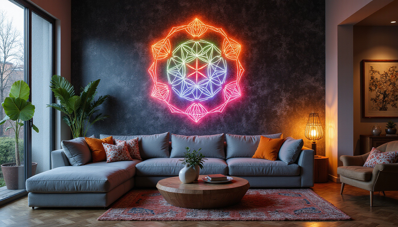 Cozy modern living room with large colorful hex sign mural, mystical glow, handcrafted textures
