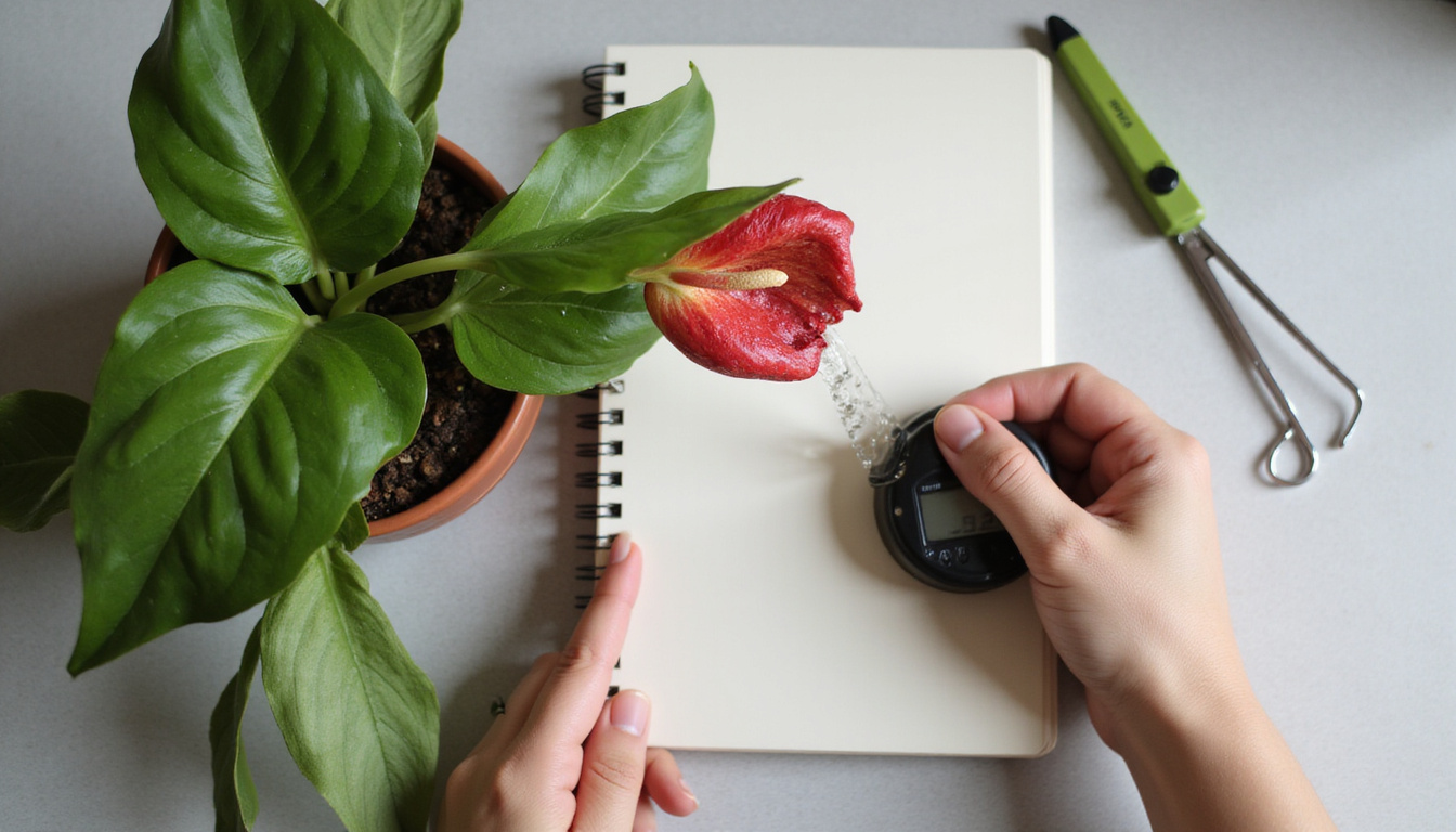  Hands gently watering anthurium, precise moisture meter, pruning scissors, neat indoor plant journal