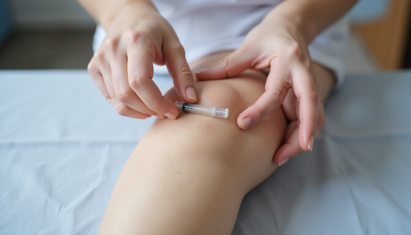  Close up hands demonstrating viscosupplement injection technique over illustrated knee model soft clinical lighting