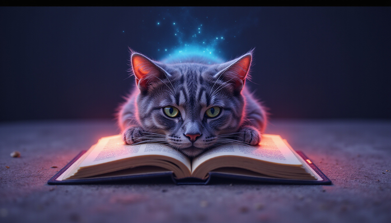 Cat perched on open journal, bioluminescent whiskers, transcendent calm, symbolic purpose