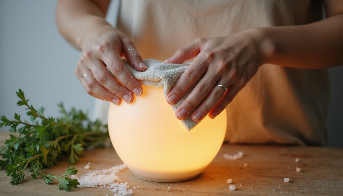 Hands polishing glass lamp with cloth, soap bubbles, minimalist mantel styling, herbs nearby
