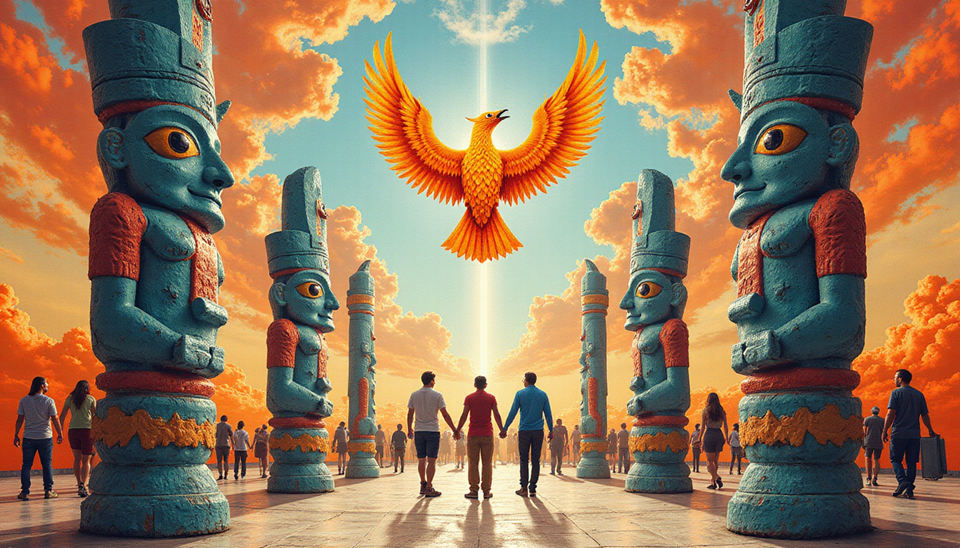  Ancient totems morphing into subway pillars, diverse people holding hands, phoenix rising above