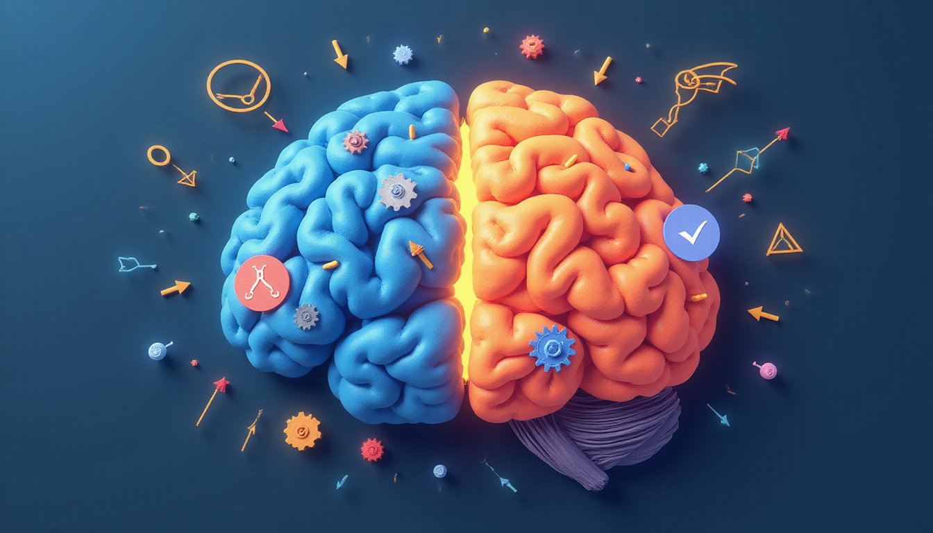 Stylized brain split by directional arrows, icons for study, concentration, productivity under soft light