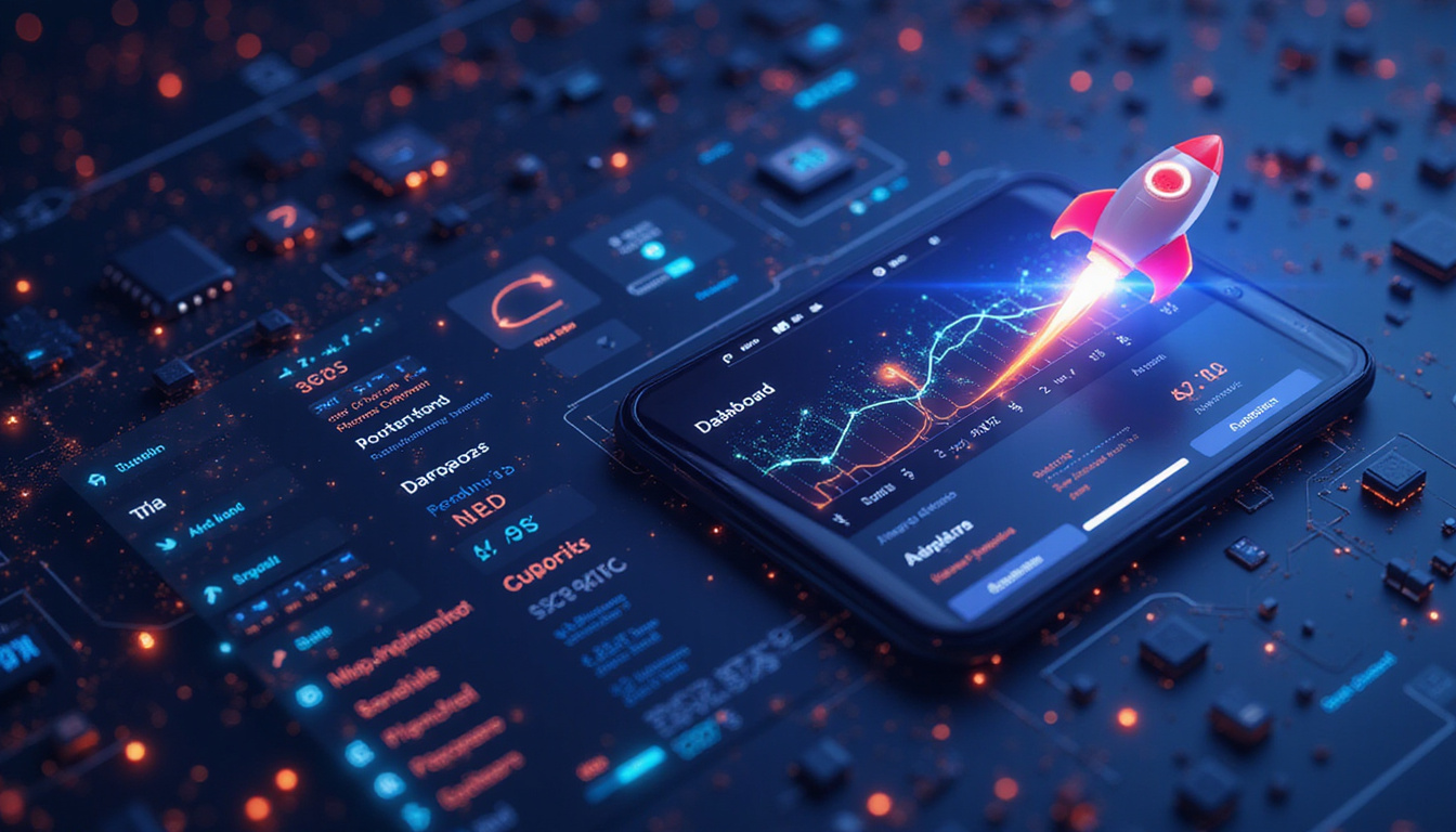 Performance-focused app dashboard surrounded by circuitry, speeding data streams, rocket icon, sleek minimal UI