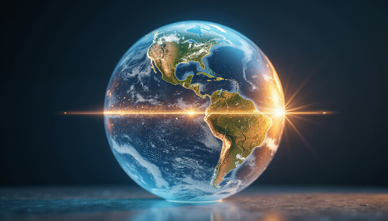 Transparent globe exposing tiny tilt angle, glowing goniometer overlay, climate zones changing dramatically