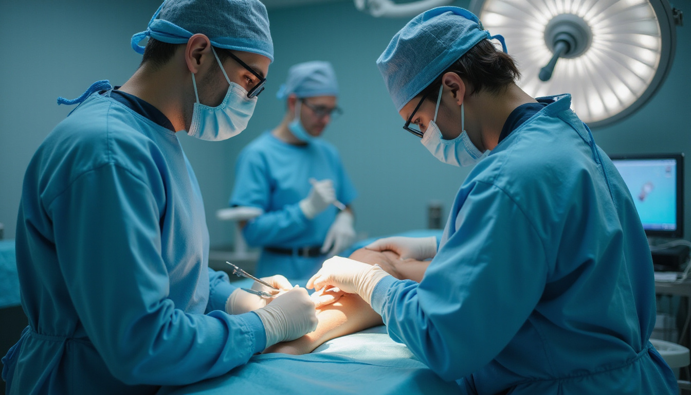  Orthopedic surgeon performing patellar realignment surgery, surgical tools, implant, sterile operating room cinematic lighting