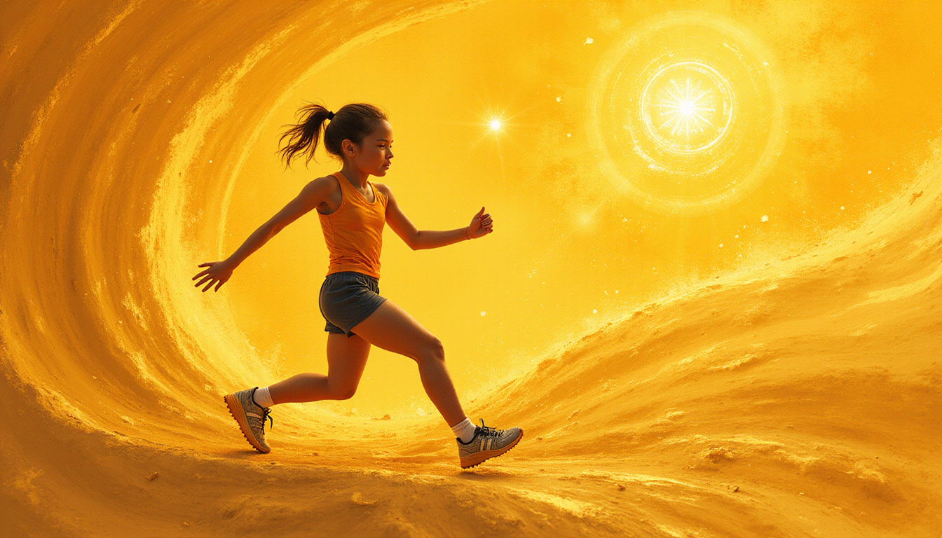  Ethereal saffron-gold swirls surrounding a relieved athlete, symbolic immune shield, calming herbal backdrop