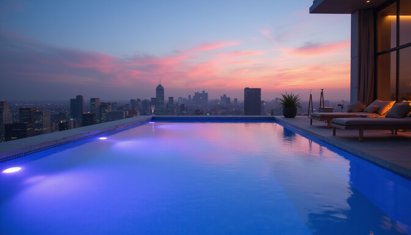  Rooftop infinity pool at dusk, champagne flute, skyline view, discreet VIP lounge glow