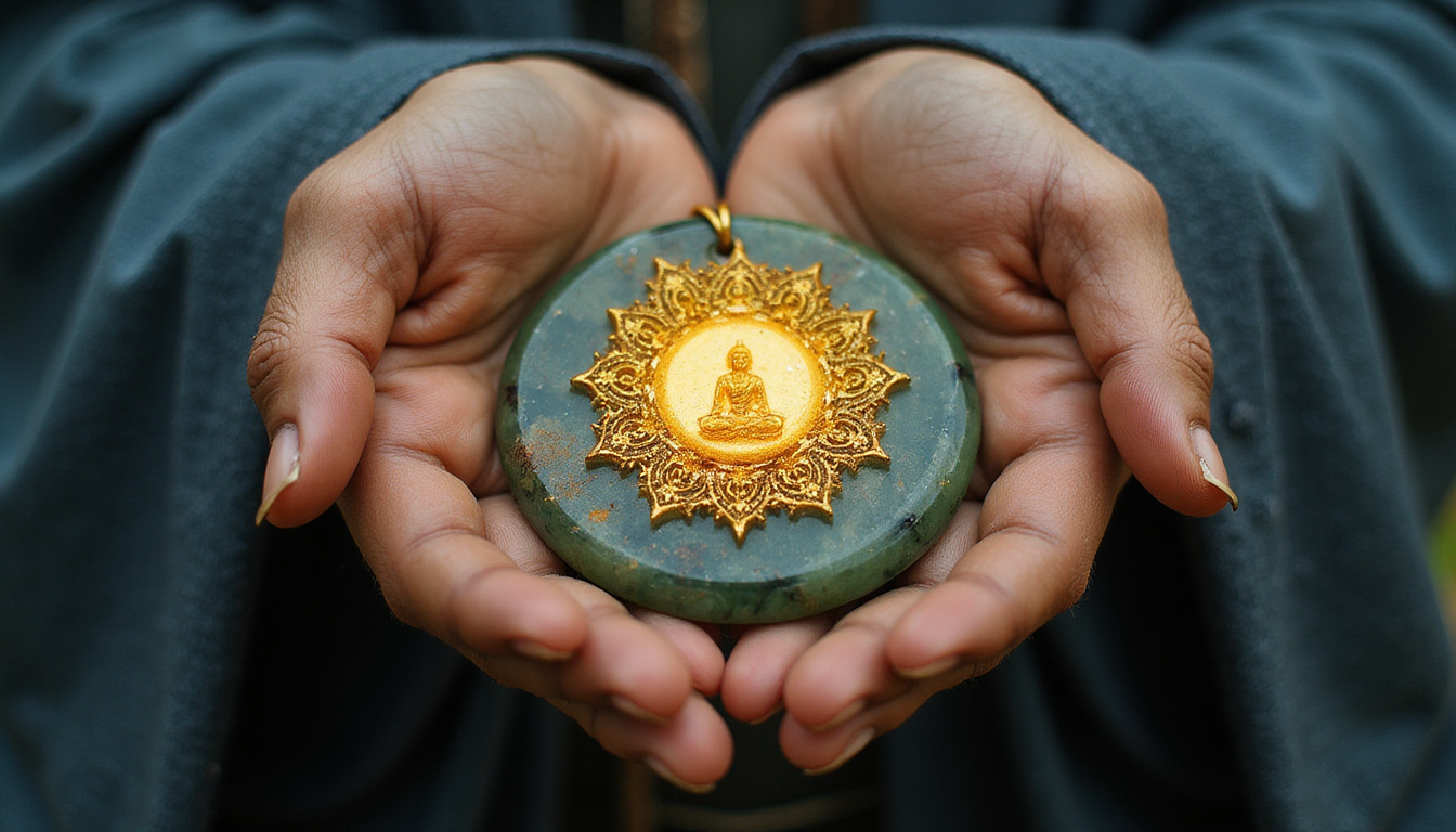  Elderly hands holding agate amulet, swirling golden chakra, Shinto priest silhouette, moonlit cedar
