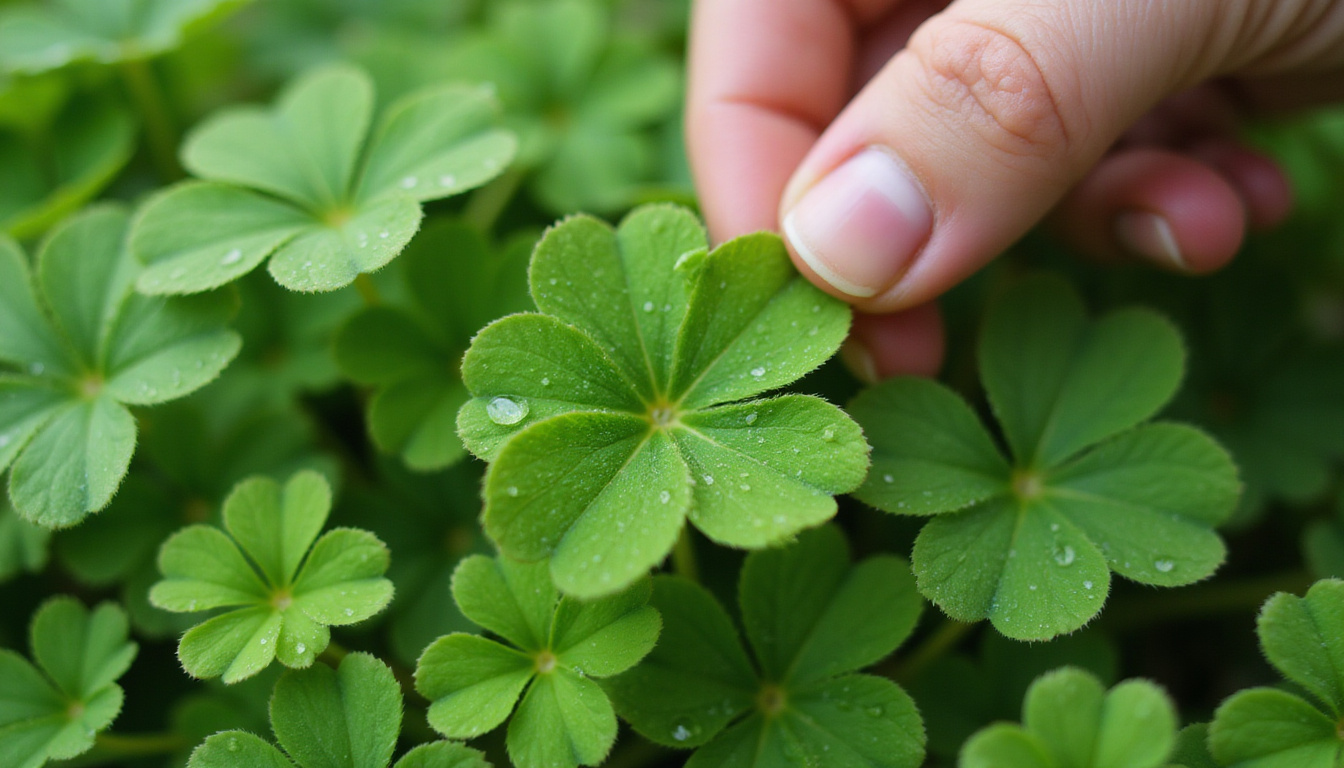  Close-up of delicate clover-shaped leaves, bright green, humidity droplets, hands gently pruning