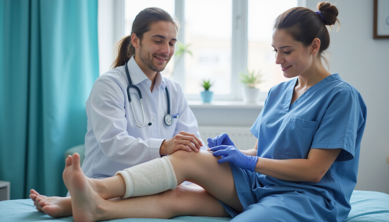  Doctor administering clotting factor injection to patient, supportive physiotherapy, protective knee brace