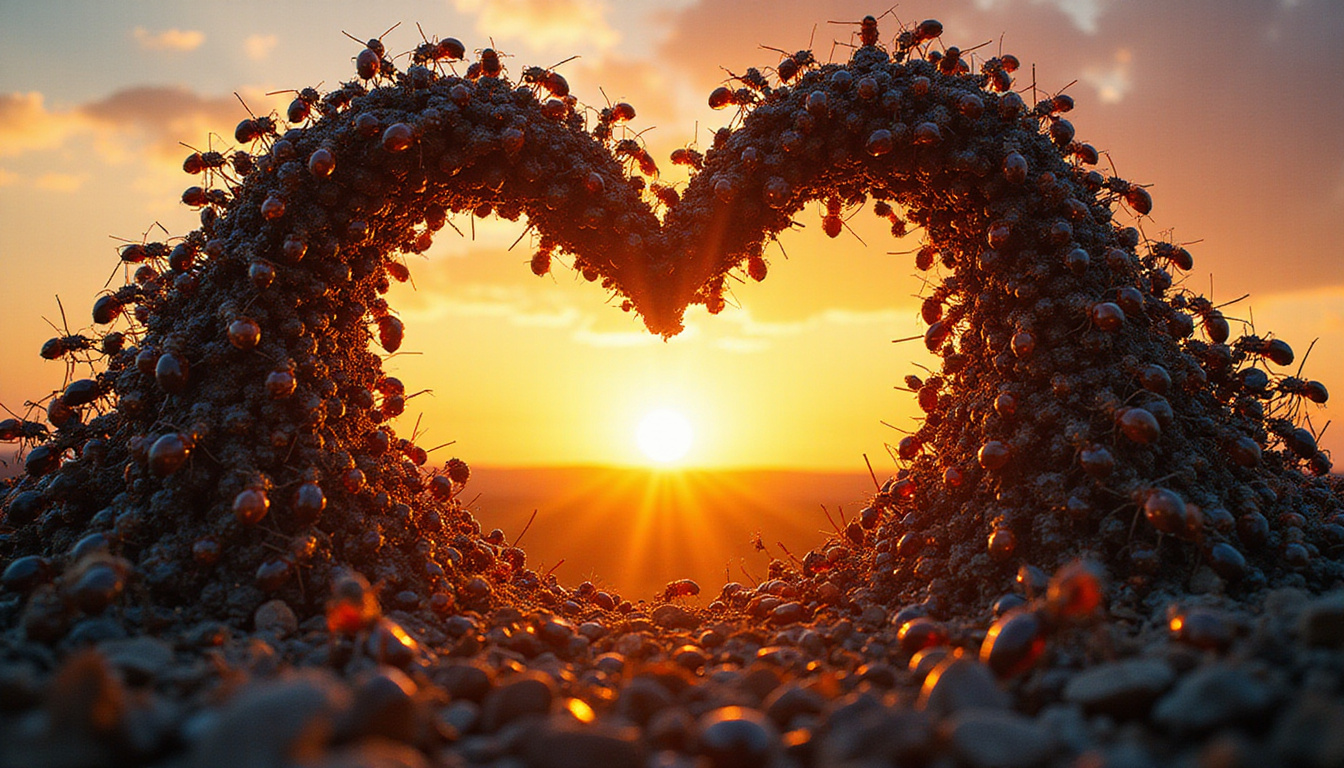  Ancient ant colony forming mosaic heart shape, workers interconnected, sunrise illuminating communal effort