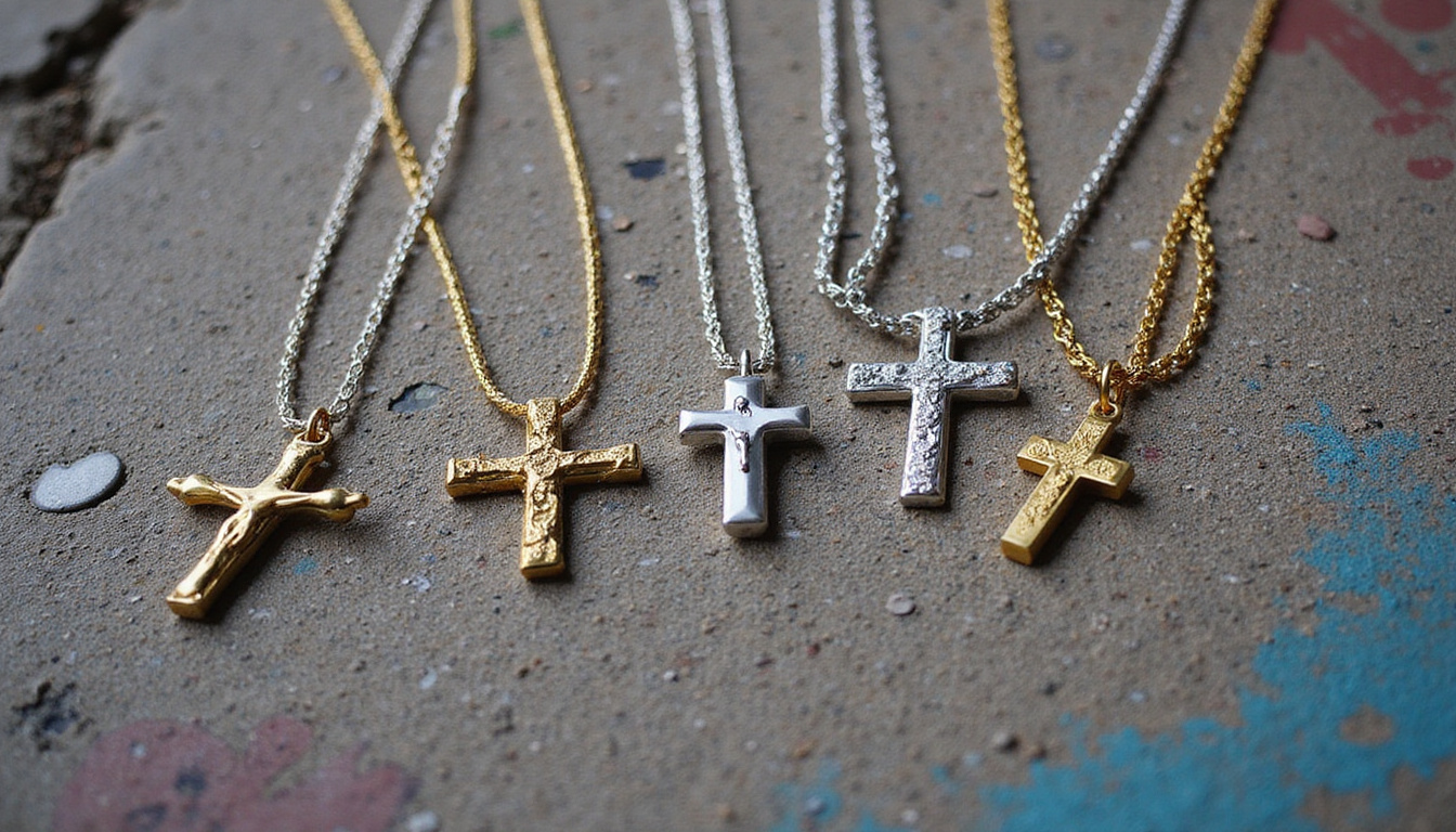  Contemporary crucifix jewelry photographed on urban concrete, tattoos, protest signs, modern cultural juxtaposition