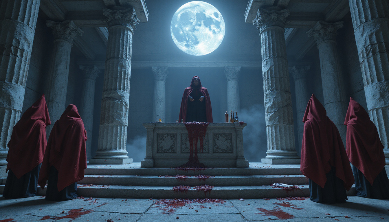  Stone courthouse altar, blindfolded justice weeping blood, priests chanting under cold moonlight
