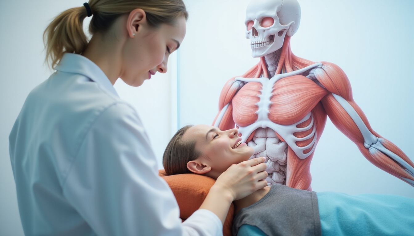 Calm clinic scene therapist performing Graston technique on smiling patient, anatomical muscle overlay, soft pastel tones