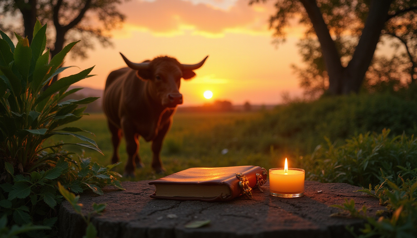 Bull silhouette at sunrise, lush green plants, soft candlelight, leather journal, empowerment atmosphere