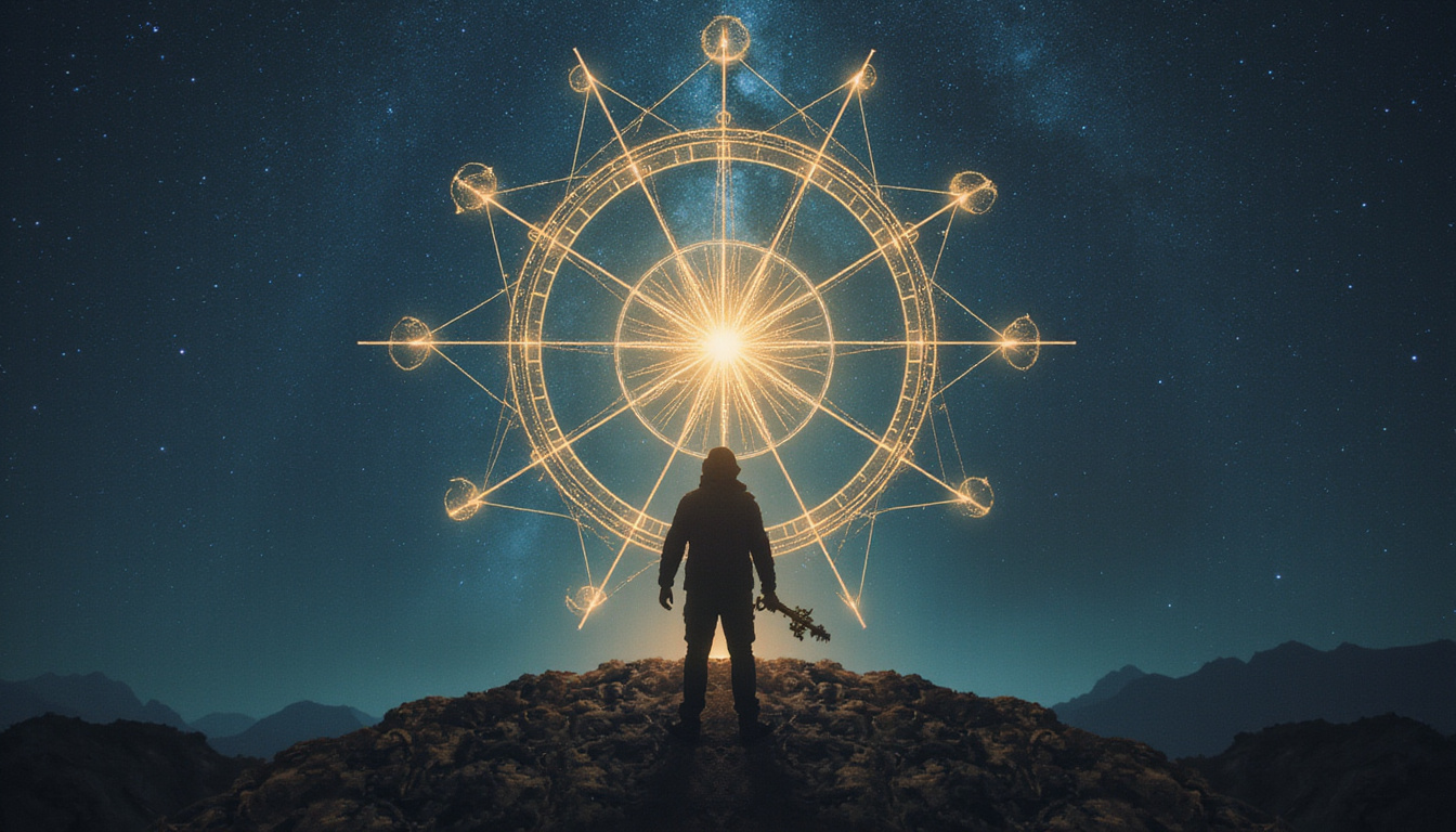 Silhouette holding brass key unlocking celestial wheel, constellations and lines radiating secret geometry