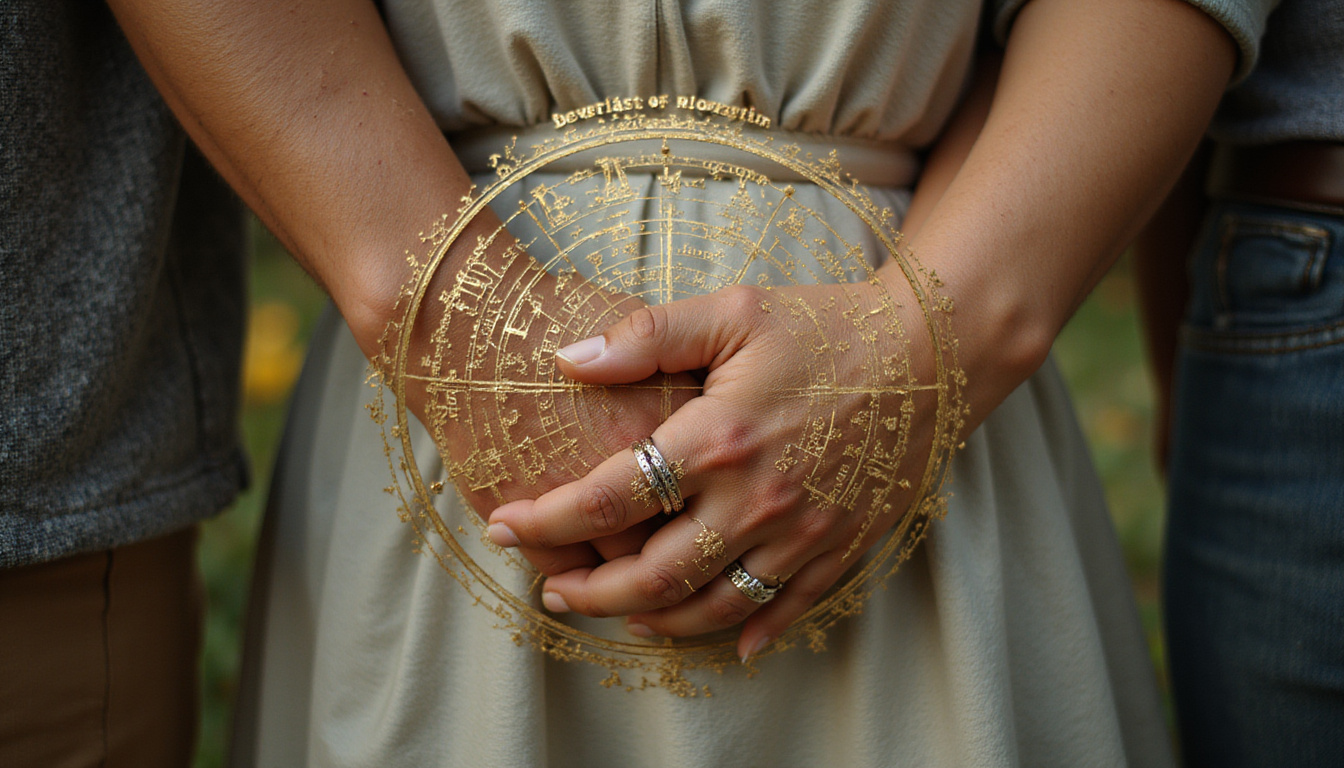 Vintage astrology chart overlay on diverse couple holding hands, gold foil accents, cinematic lighting