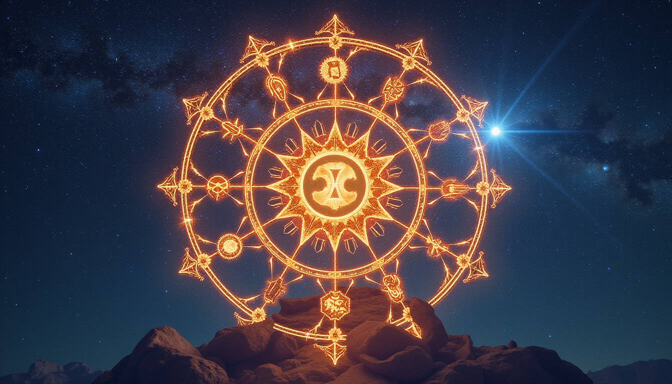  Illuminated astrological wheel, glyphs morph into briefcase, paintbrush, stethoscope, gears, guiding path