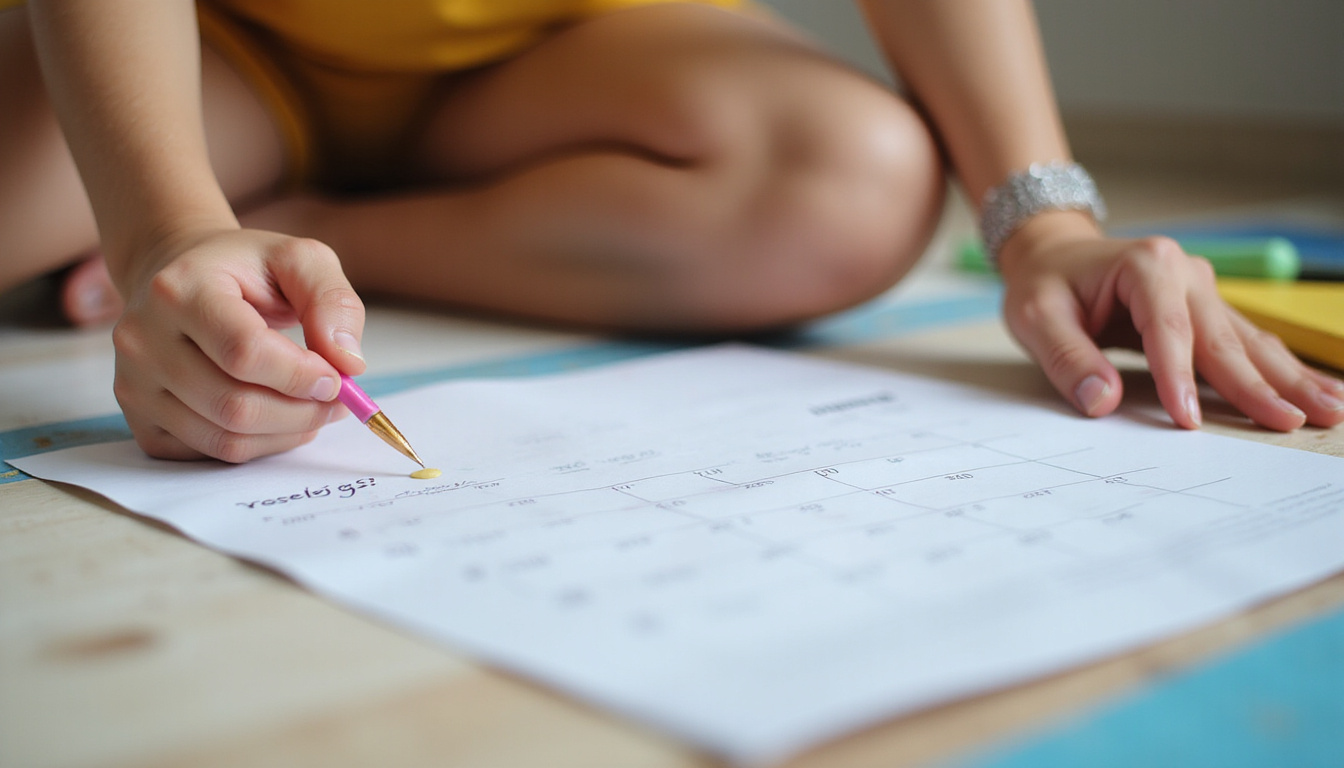  Photoreal close-up of hands and knees, illustrated mobility lines, calendar checklist, soft warm light