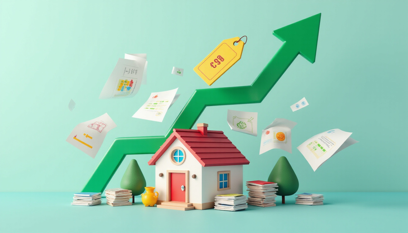 Aerial suburban home with price tag, upward green arrow, fast calendar pages, money icons