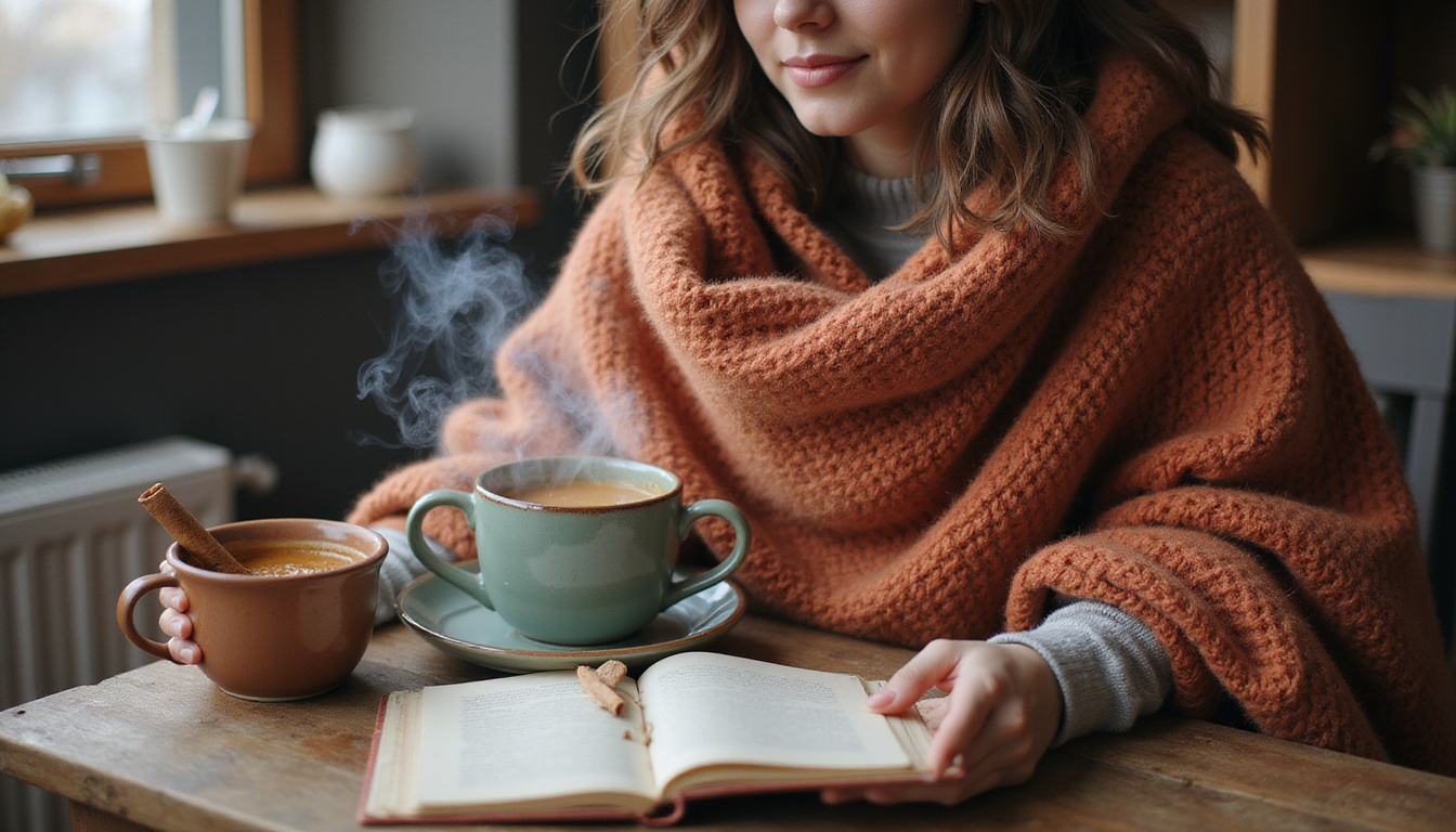  Cozy breakfast scene: woman wrapped in wool blanket, pouring chai, cinnamon smoke, journal