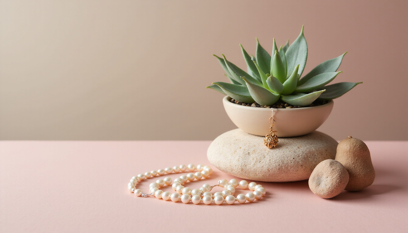  Calming zen nook with string of pearls, haworthia, tiny prosperity charm, muted pastel tones