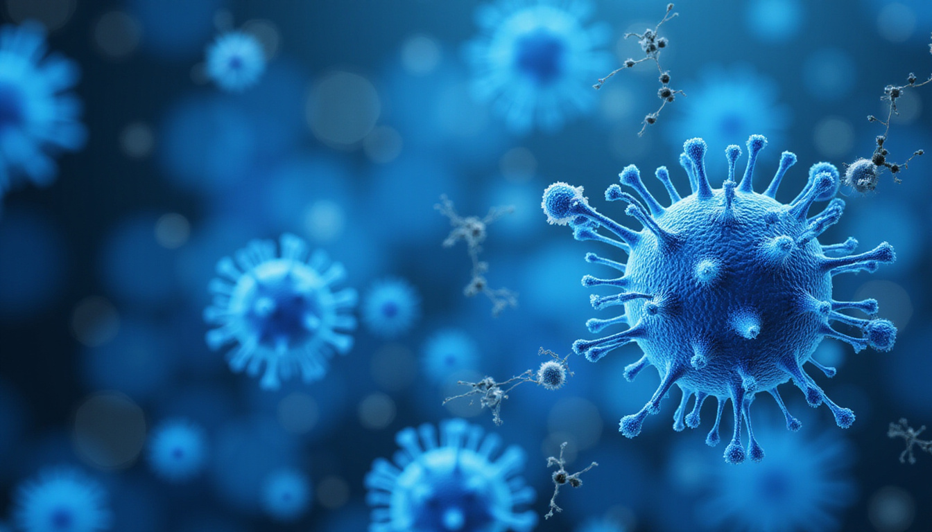  Microscopic view: antibodies binding hyaluronan, immune cells, diagnostic data overlays, cool blue palette