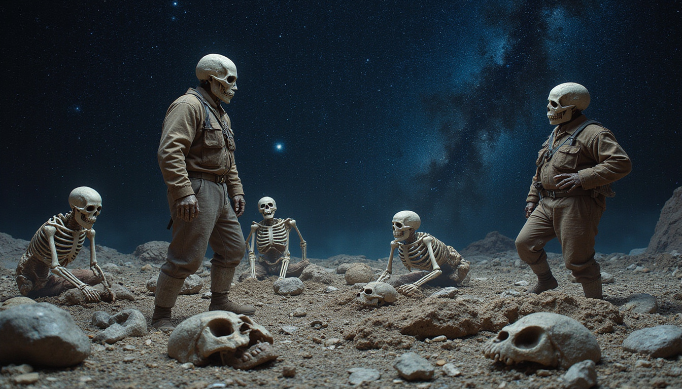  Archaeologists unearthing hybrid skeletons and tribal masks beneath star charts, dramatic chiaroscuro, hyper-detailed