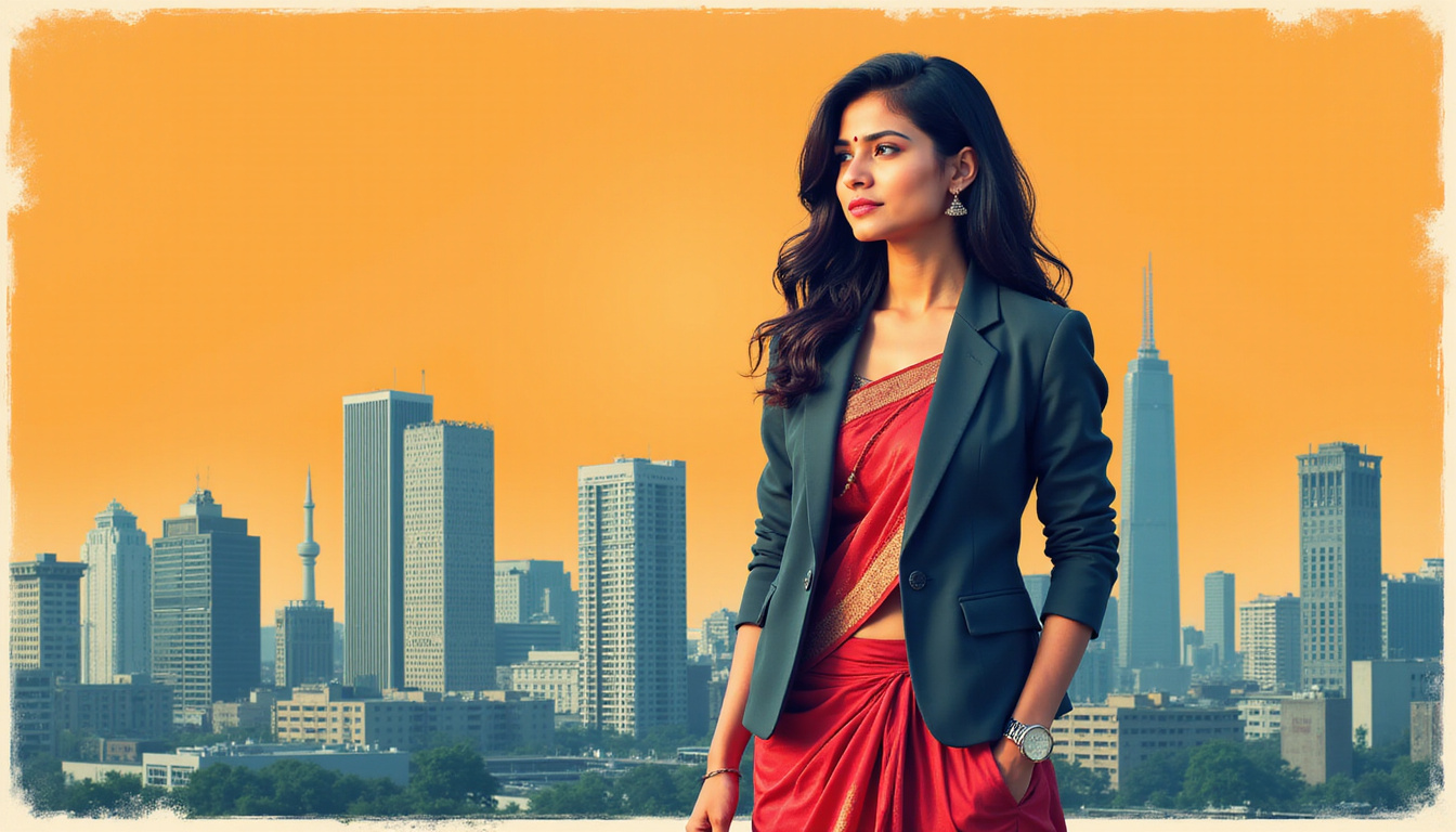  Modern Indian woman in sari and blazer, red bindi, city skyline, ritual and technology contrast