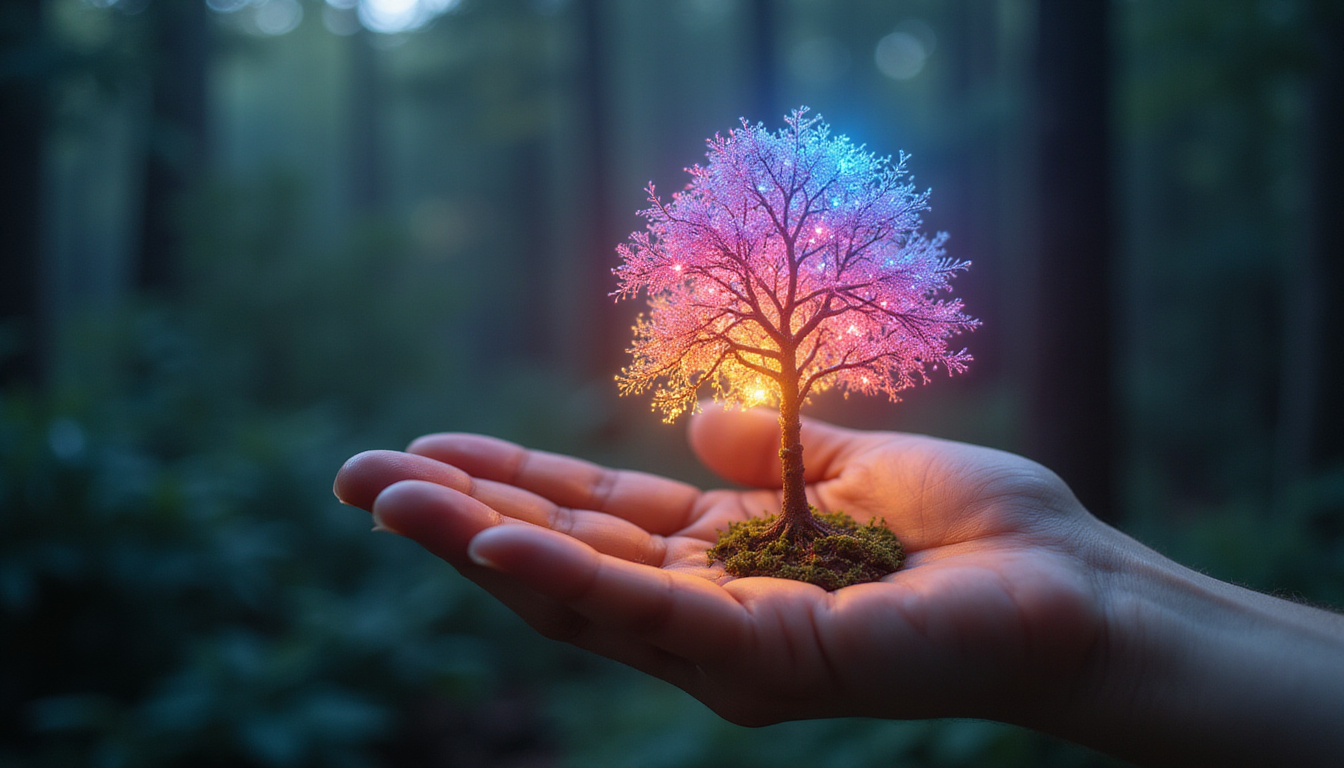  Tiny glowing seed in palm growing into luminous social-network tree, vibrant colors, ethereal light