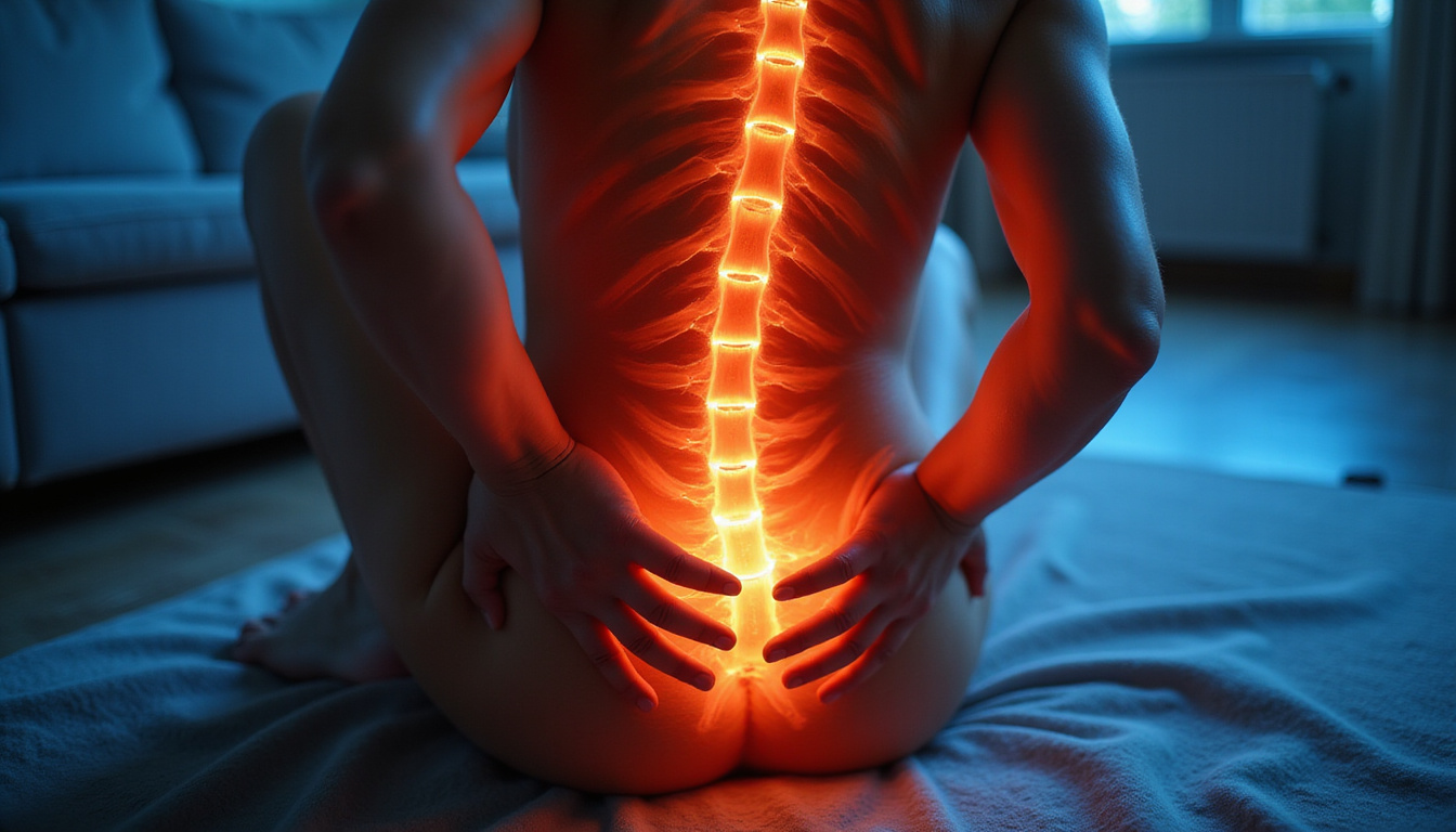  Patient clutching lower back, vivid sciatica pain trail down calf to foot, calm therapist applying stretch