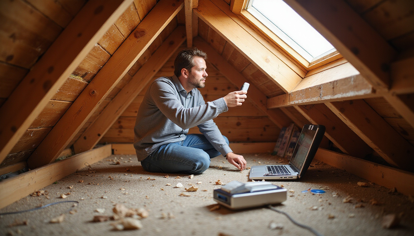 Homeowner inspecting attic with LED retrofit, weatherstripping, energy monitor, dramatic sunlight, realistic style