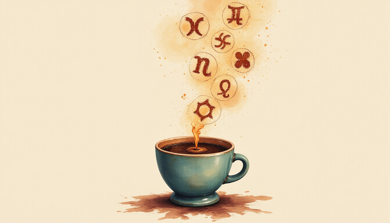 Hand-drawn zodiac symbols emerging from coffee cup steam, intimate watercolor, warm tones